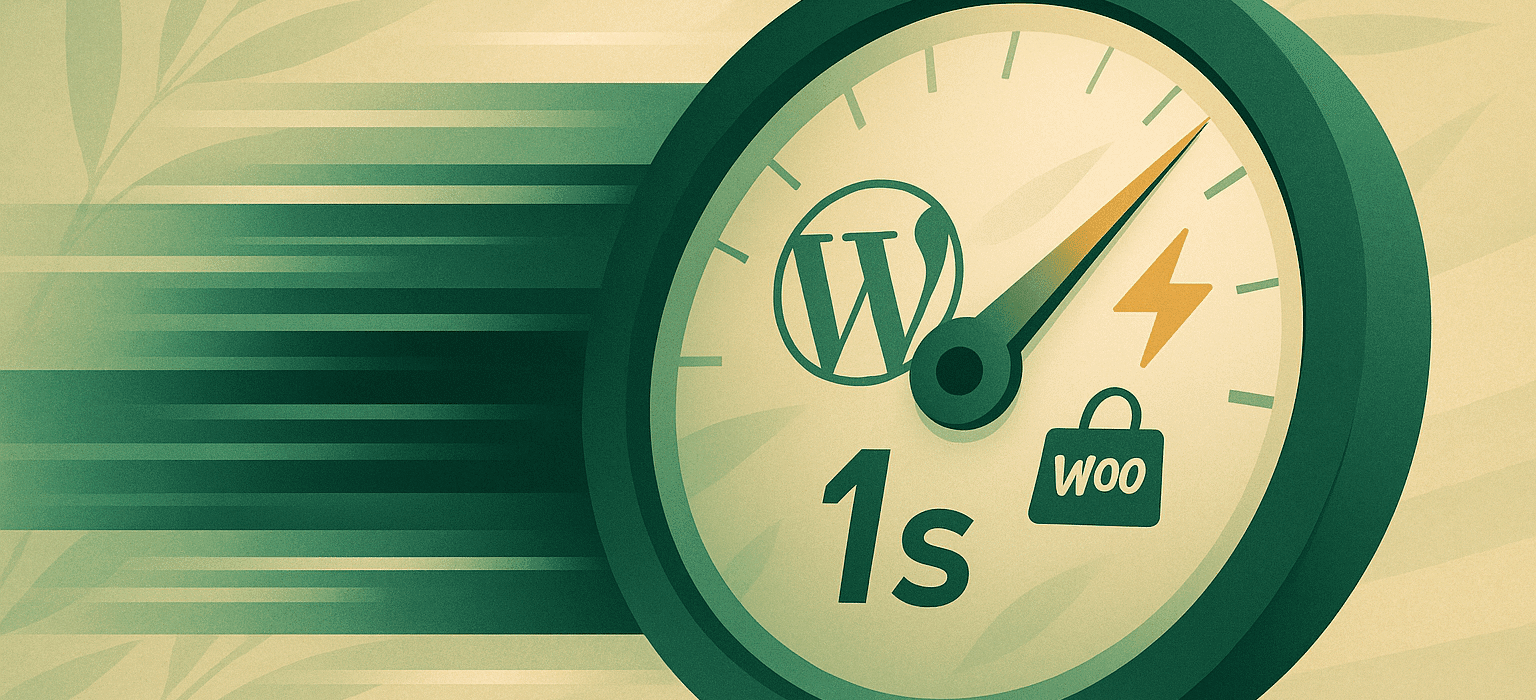 Flat illustration in bamboo green and beige tones: a speedometer points to “1 s” alongside WordPress and WooCommerce icons; motion lines and subtle leaf textures in the background symbolize the ultra-fast load times of the 2025 performance stack