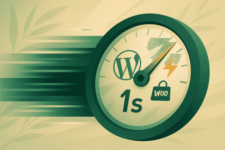 Flat illustration in bamboo green and beige tones: a speedometer points to “1 s” alongside WordPress and WooCommerce icons; motion lines and subtle leaf textures in the background symbolize the ultra-fast load times of the 2025 performance stack
