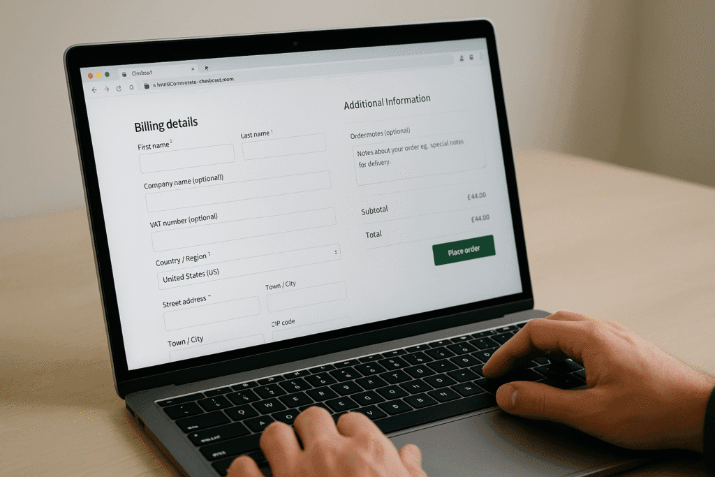 Photograph of a person typing on a laptop displaying a WooCommerce checkout page with tailored fields like VAT number and company name.