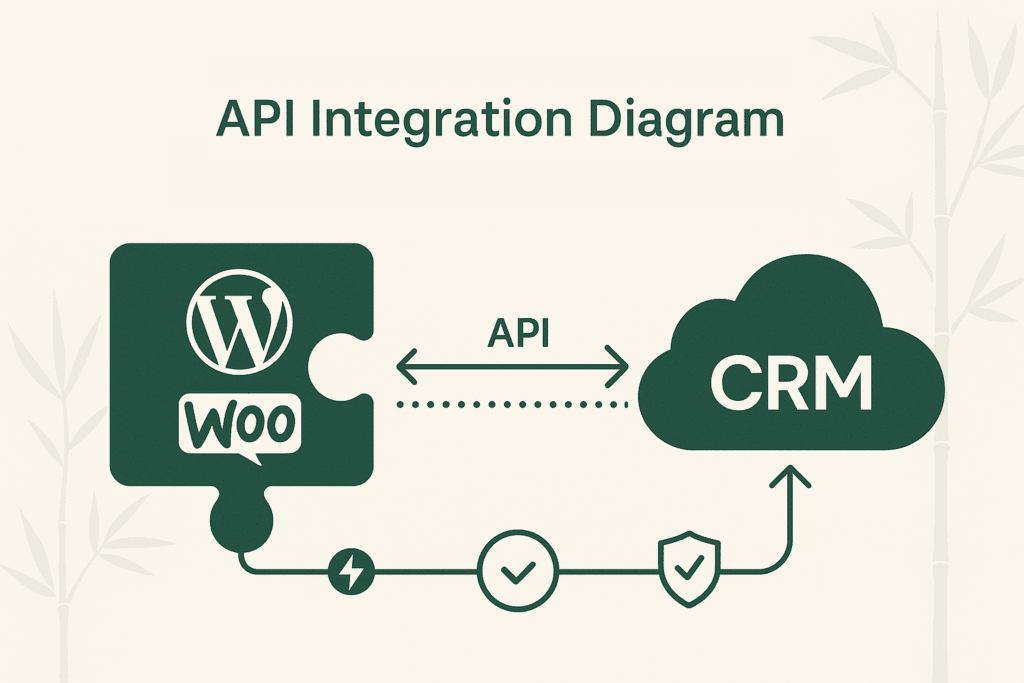 Flat-style infographic titled ‘API Integration Diagram’ showing a WordPress-WooCommerce puzzle piece connected via API arrows to a CRM cloud icon, with check-mark and shield symbols indicating speed and security, all in Bambú Studio’s green palette on a light bamboo-patterned background