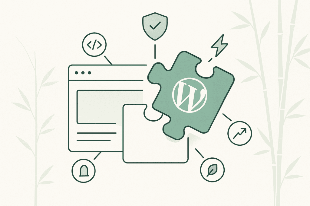 Flat-style illustration of a WordPress puzzle piece fitting perfectly into a website mock-up, surrounded by icons for clean code, security, speed and scalability, in Bambú Studio’s bamboo-green palette.