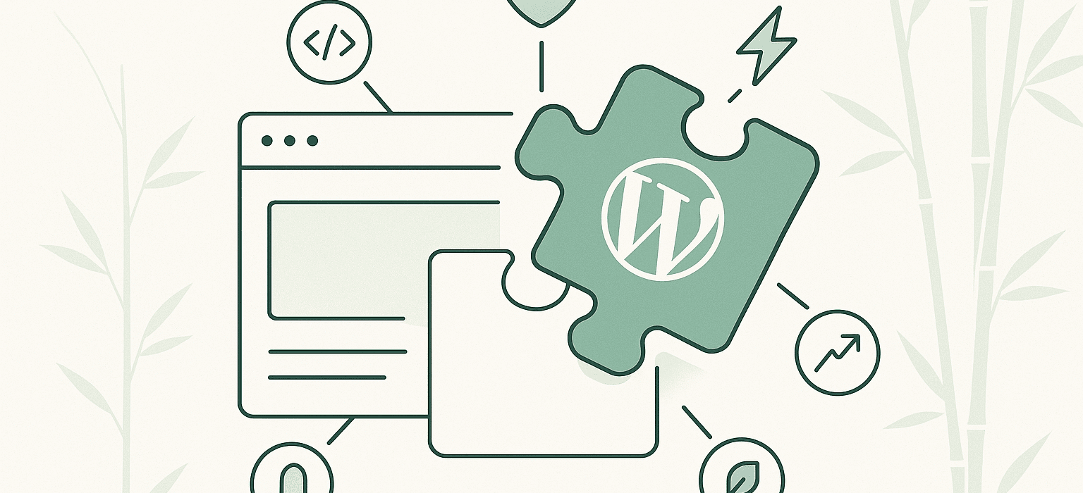 Flat-style illustration of a WordPress puzzle piece fitting perfectly into a website mock-up, surrounded by icons for clean code, security, speed and scalability, in Bambú Studio’s bamboo-green palette.