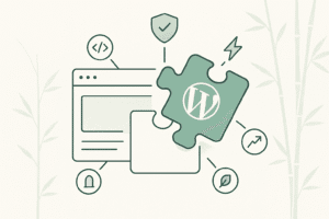Flat-style illustration of a WordPress puzzle piece fitting perfectly into a website mock-up, surrounded by icons for clean code, security, speed and scalability, in Bambú Studio’s bamboo-green palette.