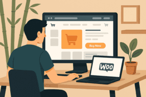 WooCommerce dashboard illustration on desktop and laptop