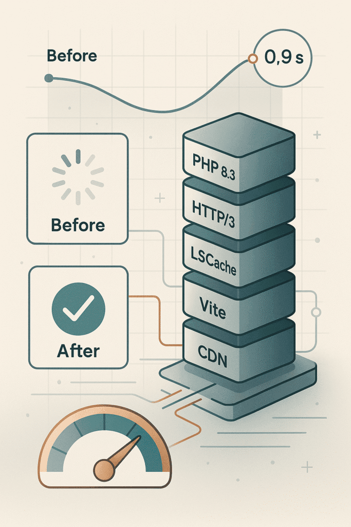 Stylized vertical stack representing the 2025 WordPress performance stack with PHP 8.3, HTTP/3, LSCache, Vite, and CDN; connected by copper lines and speed indicators showing faster load times.