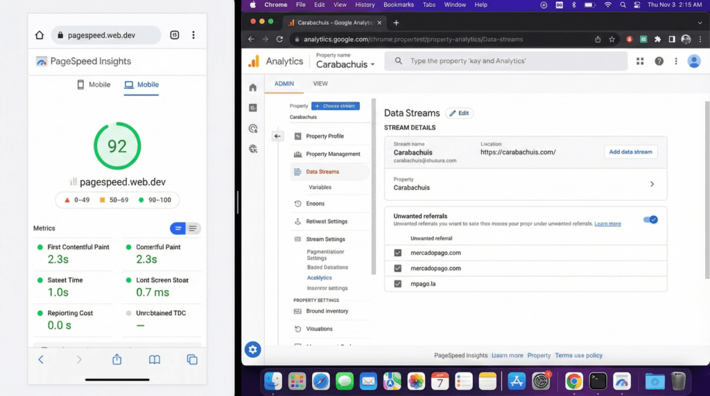 Split-screen showing technical optimization results: a Mobile PageSpeed Insights score of 92/100 alongside a Google Analytics 4 admin panel configuration excluding 'mercadopago.com' from referral traffic to fix attribution errors.