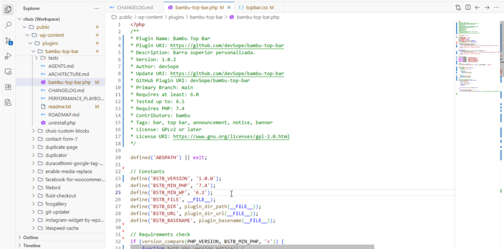 Clean PHP and CSS code snippet from the custom plugin, demonstrating a lightweight structure without external dependencies.